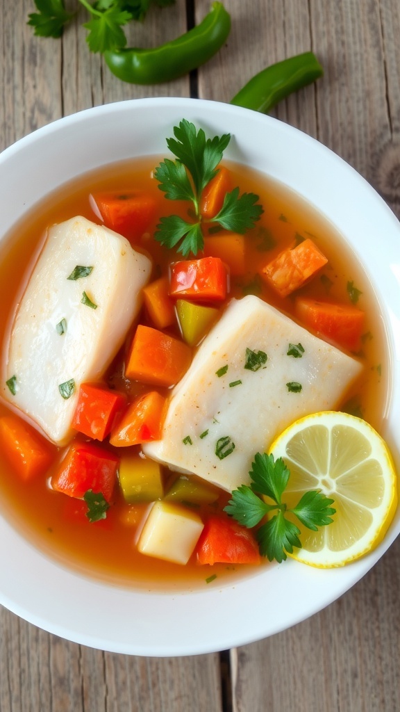 A bowl of light tilapia soup with fish, tomatoes, and bell peppers, garnished with parsley on a rustic table.